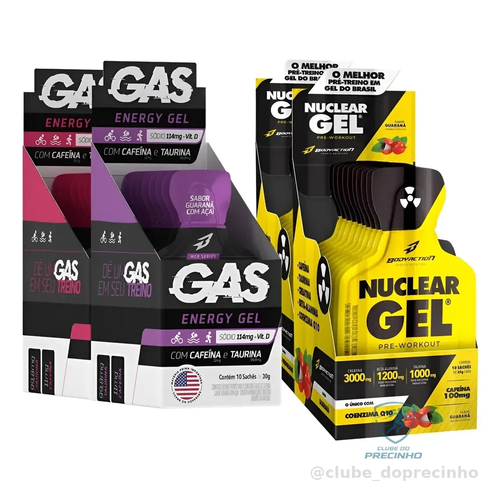 Kit 2x Gas Energy Gel + 2x Pré Treino Nuclear Rush Gel Sachê Variado