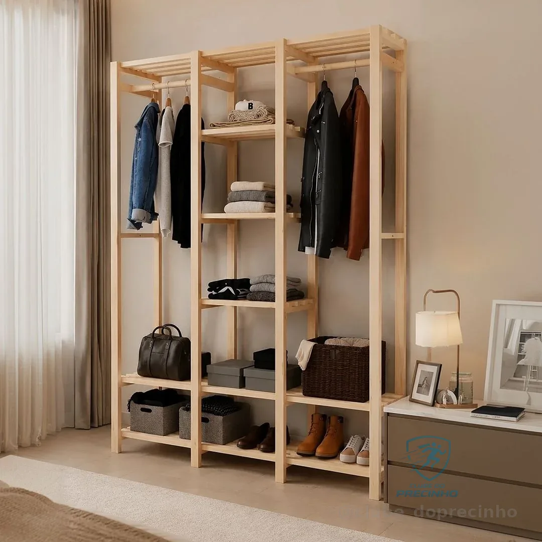 Guarda Roupa Closet Estante Arara Cabideiro Madeira Natural