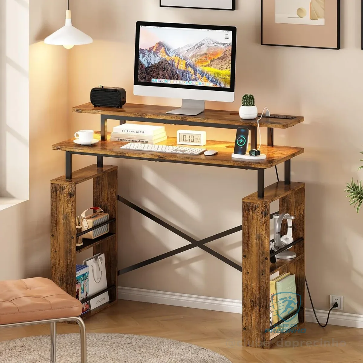 Escrivaninha Mesa para Computador, Mesa para Escritório de 2 Níveis com Tomada Integrada