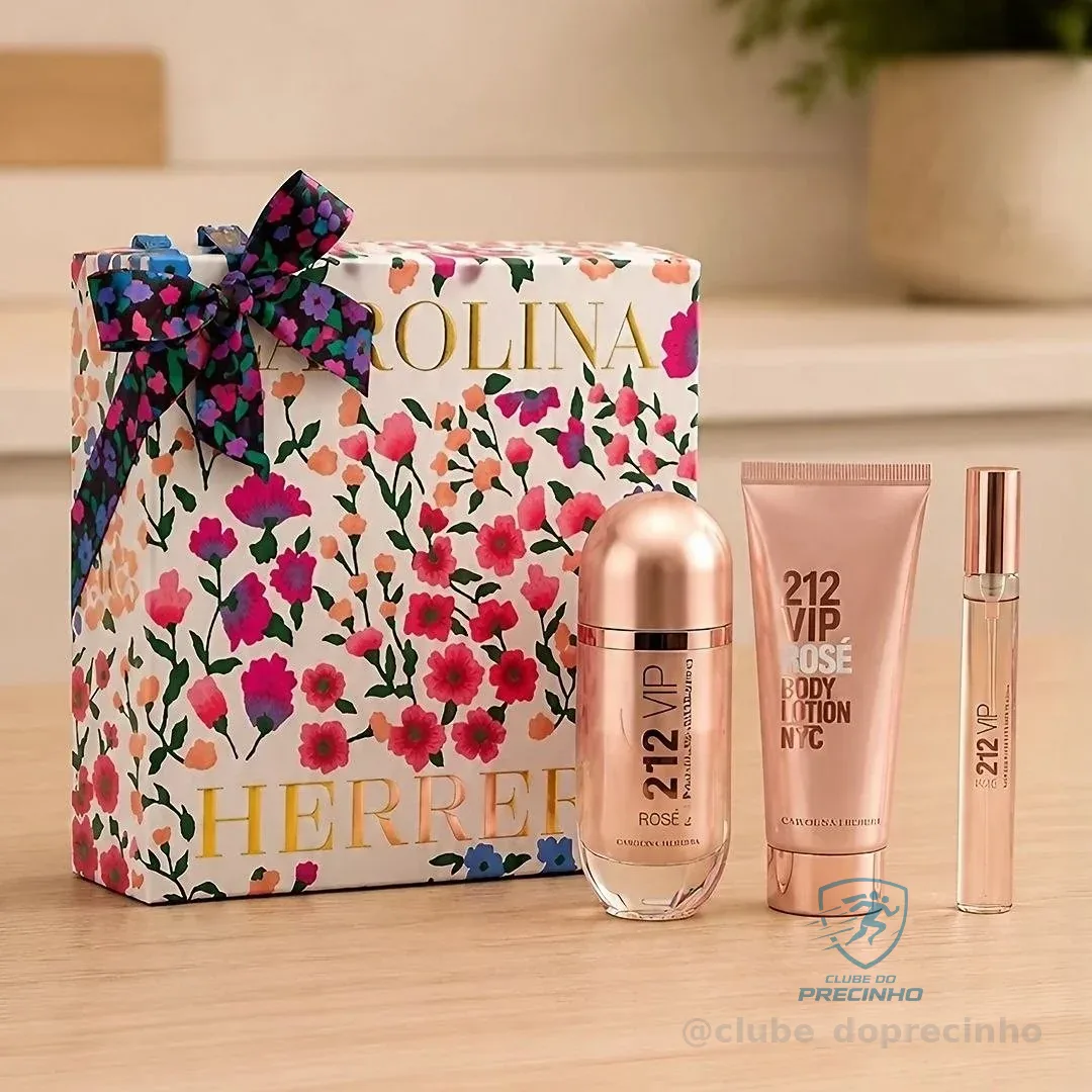 Kit Carolina Herrera Feminino 212 Vip Rosé - Eau De Parfum 80ml - Body Lotion 100ml - Perfume Miniatura 10ml