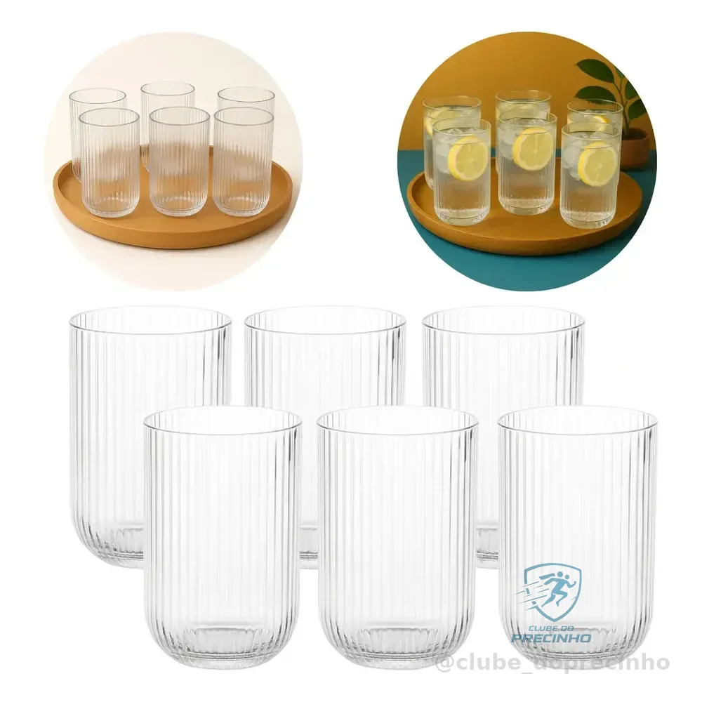 Jogo 6 Copos De Vidro Canelado Cameratta Agua Suco 420ml