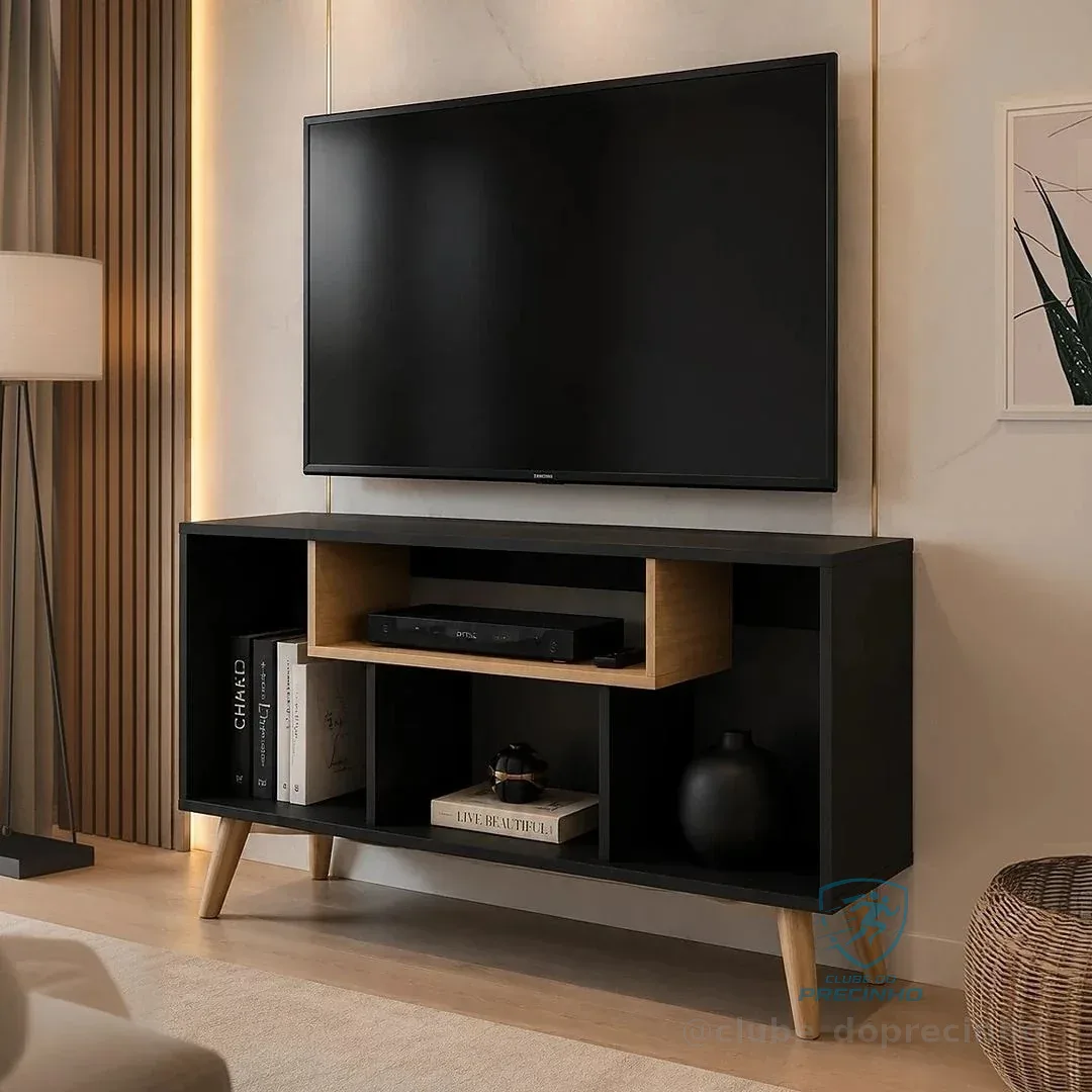 Rack Bancada Para Tv De Até 43" Com Prateleira E Nichos Para Sala De Estar Casa Jd (Preto/Nature)