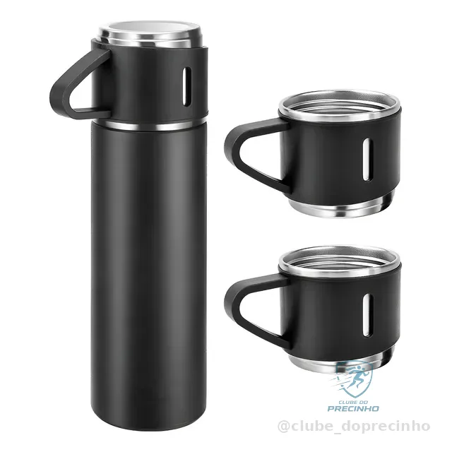 Caneca Kit Garrafa Térmica Vacuum Bottle Inox 500ml + 3 Xícaras