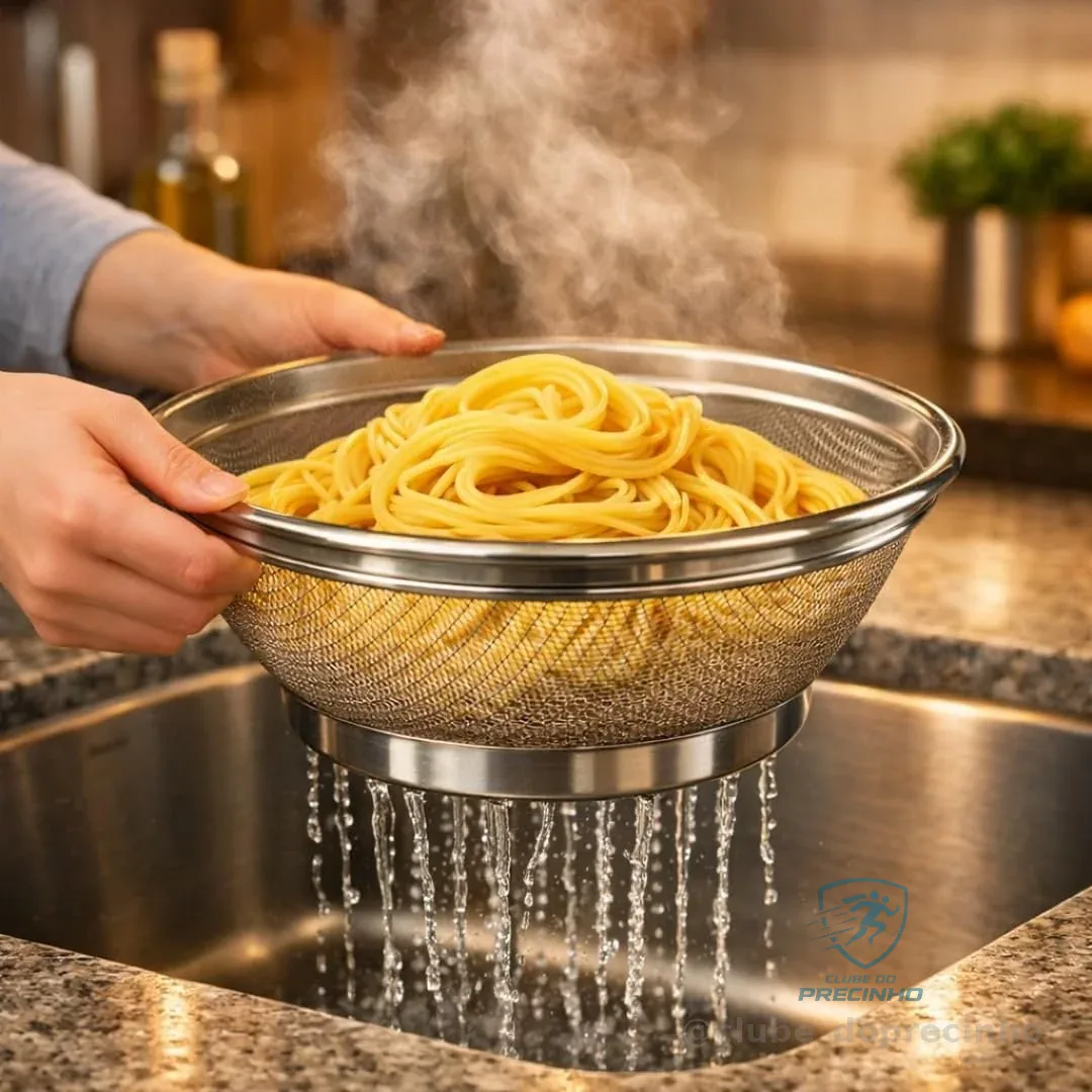 Escorredor de Alimentos/Macarrão Multiuso em Aço Inox, 28cm, Malha Fina, para Frutas, Massas e Grãos