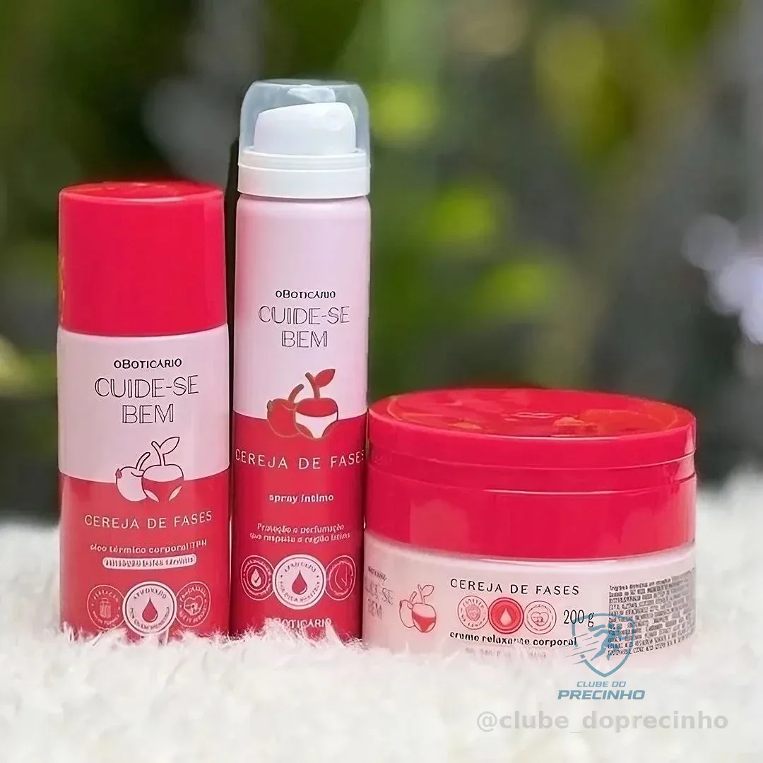 Combo Cuide-se Bem Cereja De Fases: Creme Relaxante Corporal - Creme Relaxante Corporal - Spray Íntimo Desodorante - Óleo Térmico Corporal