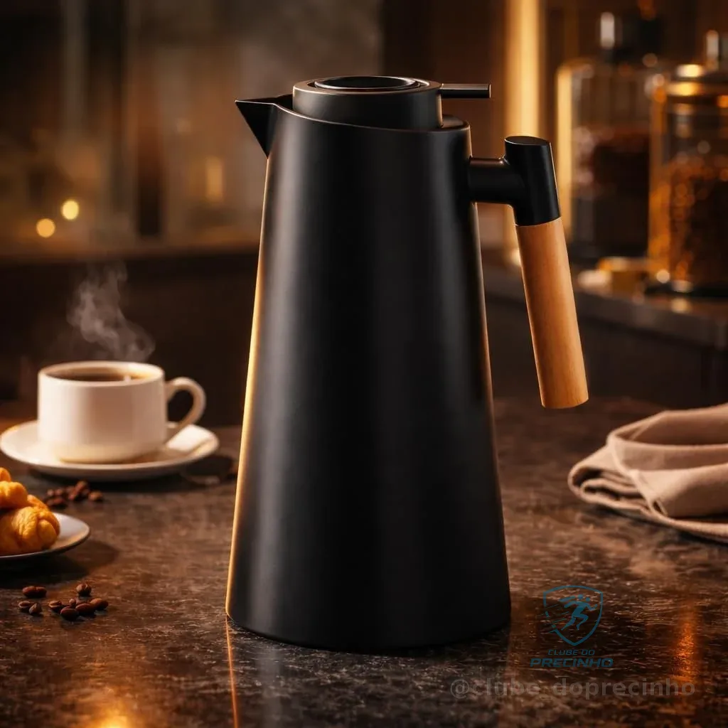 Garrafa Térmica 1L Premium – Design Elegante em Preto com Cabo de Madeira