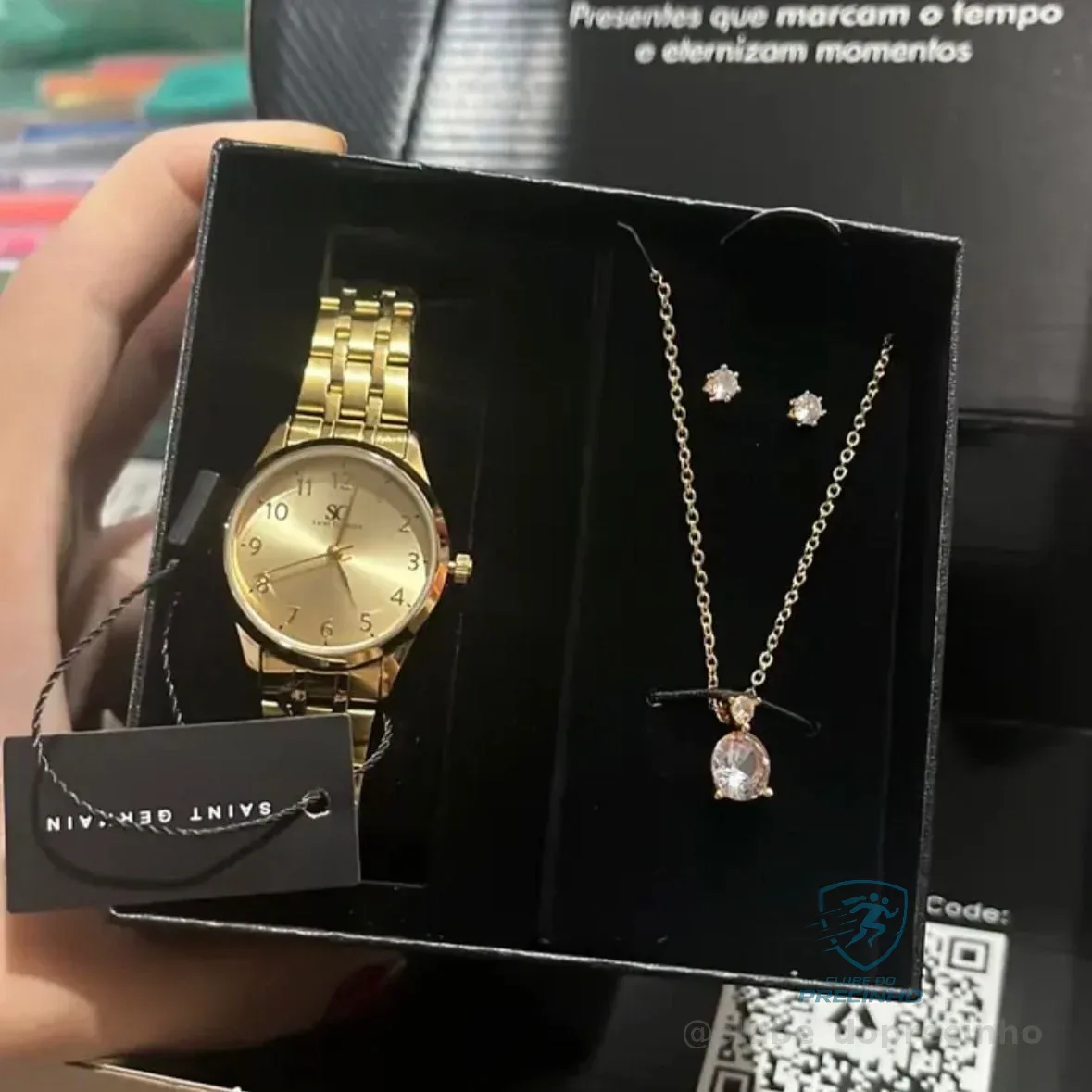 Kit Relógio Colar E Brincos Ponto De Luz Dourado