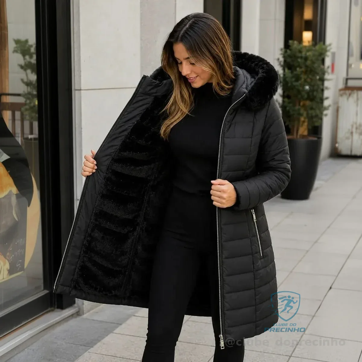 Sobretudo Feminino Forrado Parka Jaqueta Longa Capuz Pelucia