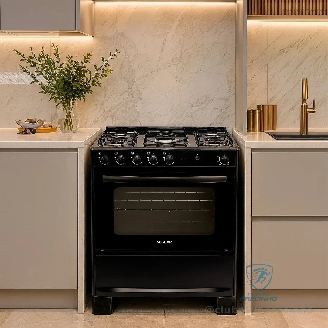 SUGGAR FOGÃO COOK START PRETO MESA INOX 5 BOCAS 2 QUEIMADORES FAMÍLIA ACENDIMENTO AUTOMÁTICO FGICS520PT