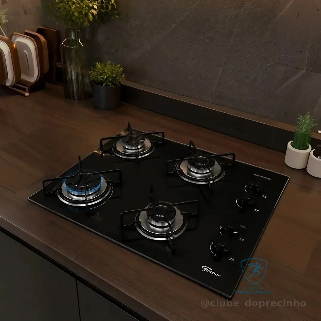 FISCHER COOKTOP À GÁS 4 BOCAS FIT LINE TREMPE ARAMADO MESA VIDRO PRETO BIVOLT 36350-102675