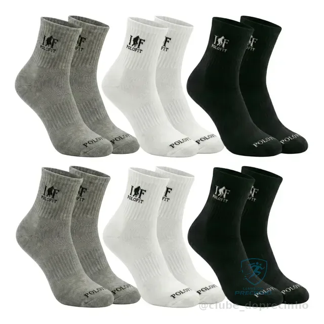 Kit 6 Pares Meia Cano Médio Alto Unissex Algodão Polo Fit