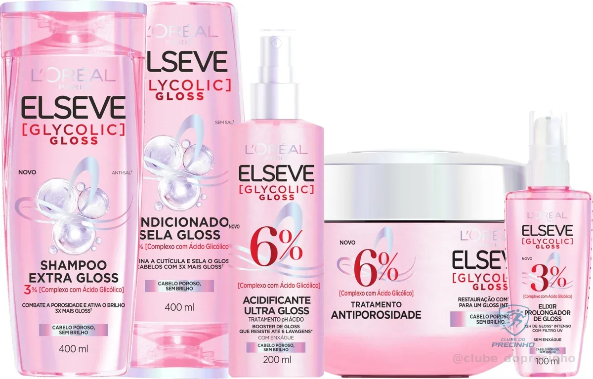 Kit Tratamento Capilar L'Oréal Paris Elseve Glycolic Gloss - Shampoo Extra 400 ml - Condicionador Sela 400 ml - Acidificante Ultra 200 ml - Máscara Capilar - Elixir Prolongador de Gloss 100ml