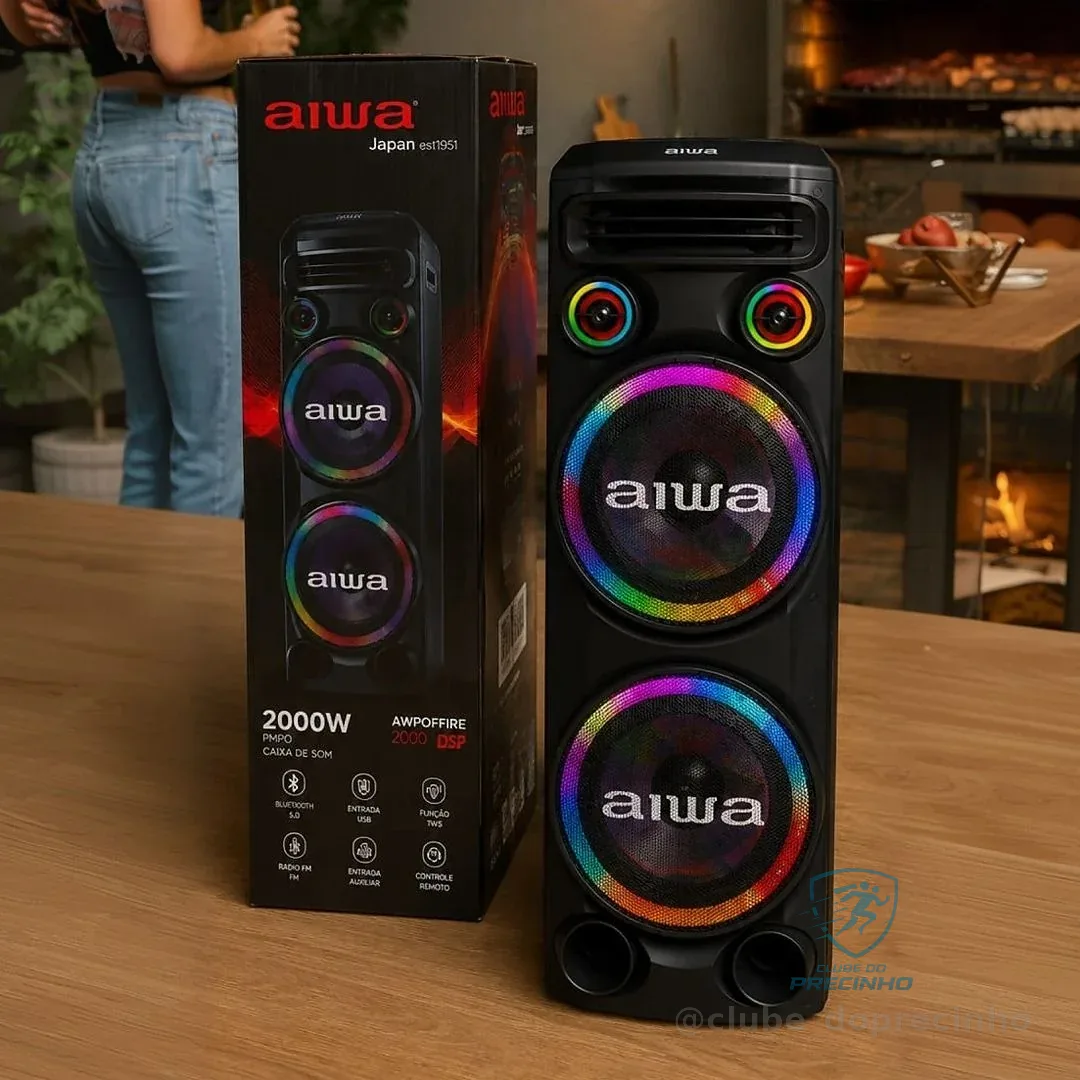 Aiwa AWS-T2W-02 Torre de Som Bluetooth Preto 2300W RMS com RGB LED e Dupla Luz Strobo