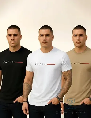 🚀 Kit 3 Camisetas Paris Masculinas Luxo Camisa Algodão Premium