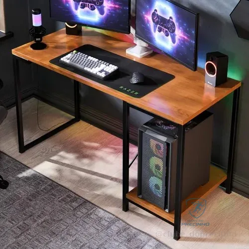 🚀 Escrivaninha Gamer Tóquio Industrial Maxi Do Brasil Com Suporte P/ Cpu E Prateleira Lateral Preto/canela