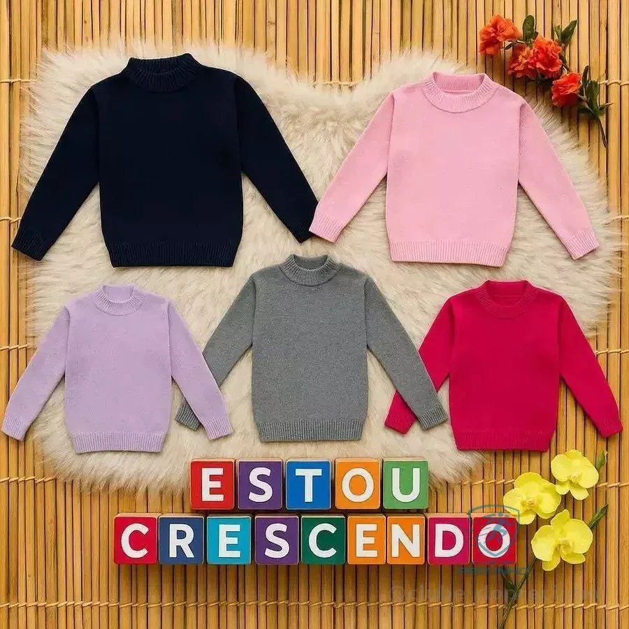 🚀 Blusa Infantil Feminina Lã Gola Alta Lisa Inverno Quente Menina Roupa Frio