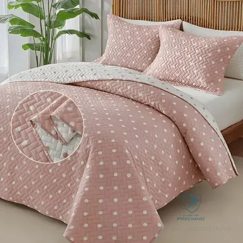 🚀 Kit Colcha Casal 3 Peças Itália 150 Fios Poá Dupla Face Cor Rosa Liso