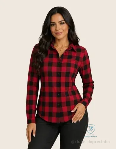 🚀 Camisa Xadrez Longa Blusa Manga Festa Junina Social De Botão