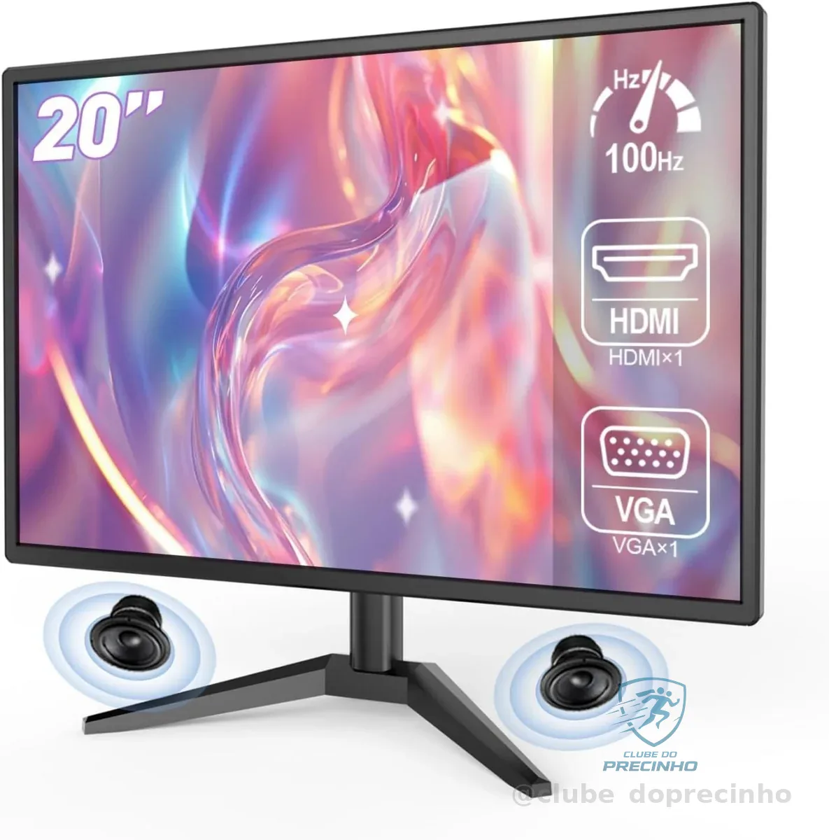 🚀 Monitor 20 Polegadas, HD+, 1ms, Taxa de Atualização 100Hz, Alto-falantes Integrados, Modo Leitura, Flicker Safe, 250cd/m², 1000:1, HDMI/VGA/AUIDO/DC, Bivolt, Preto