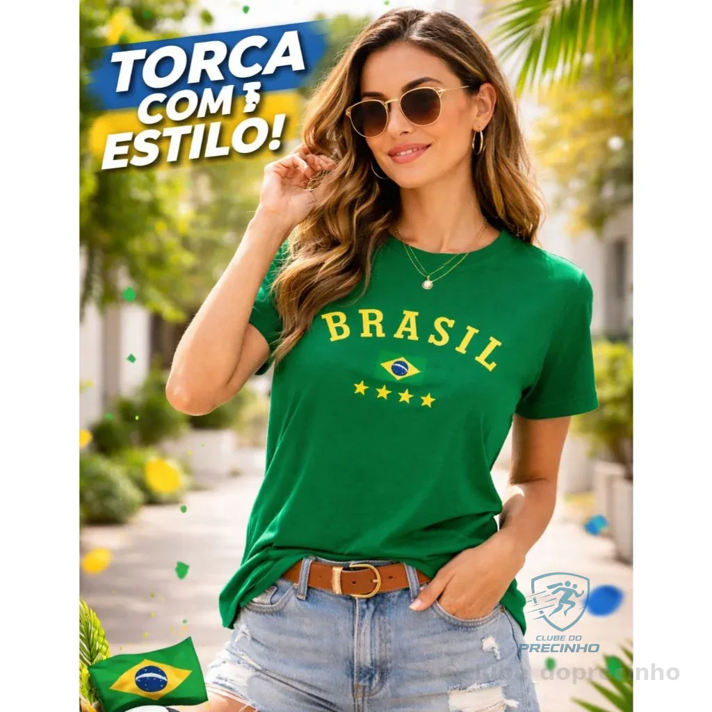 Camiseta Brasil Feminina Verde Torcida Estilosa Copa 2026 Algodão Premium Confortável Shopee