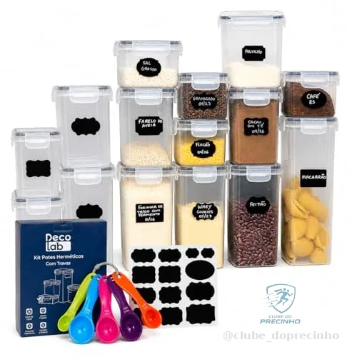 🚀 Decolab Kit Potes Herméticos Plástico com Vedação BPA Free - Organizador de Geladeira, Porta Cereais, Temperos e Mantimentos (15, transparente, Retangular) 4x 0,8L / 6x 1,4L / 4x 2,0 / 1x 2,8L