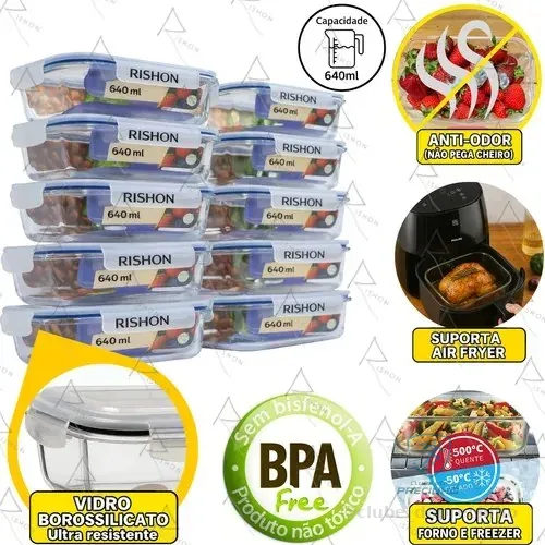 🚀 Kit 10 Pote De Vidro Marmita Hermético 640ml Freezer Fitness Rishon