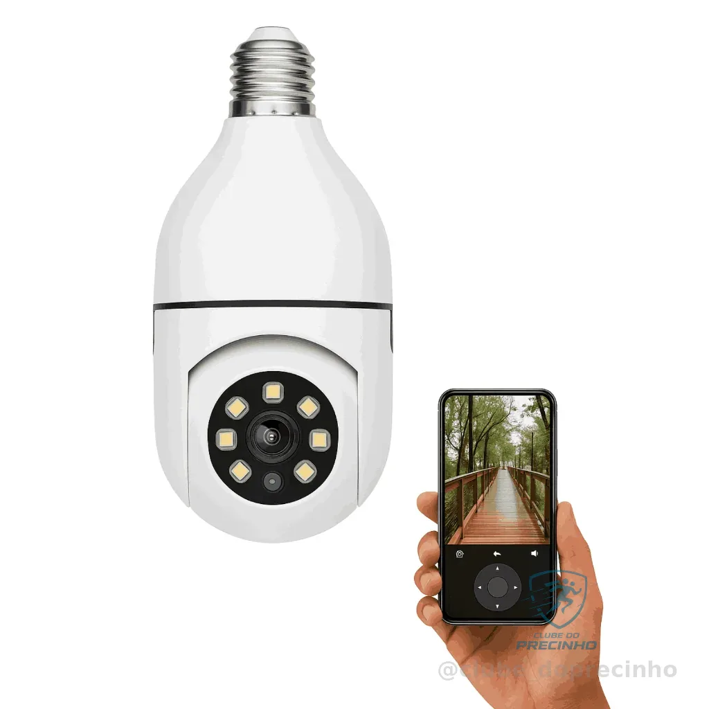 Câmera Lâmpada Wi-Fi 360° Panorâmica com Visão Noturna e Controle Celular – Instalação Rosqueável Shopee