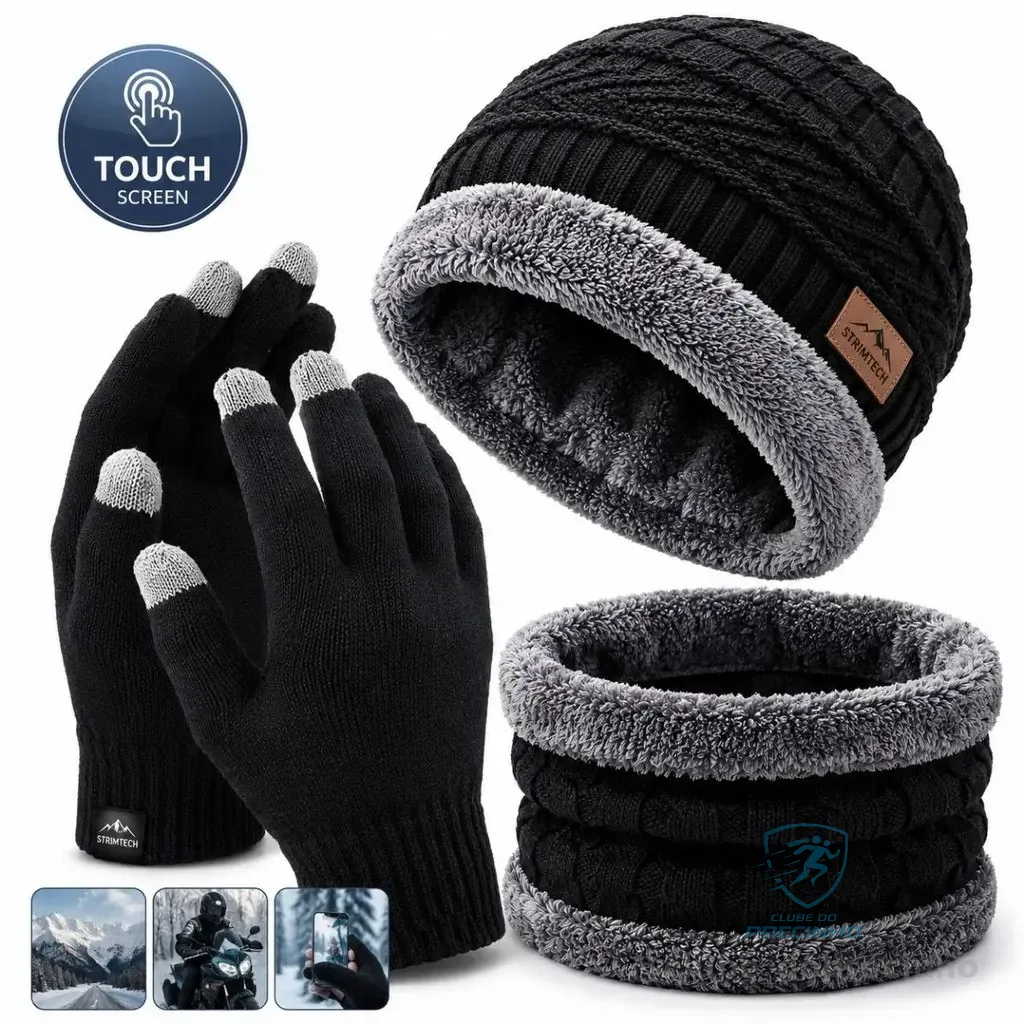 🚀 Kit Inverno Touca Forrada + Luva Touch Screen + Cachecol Gola Quente Unissex Frio Masculino Feminino