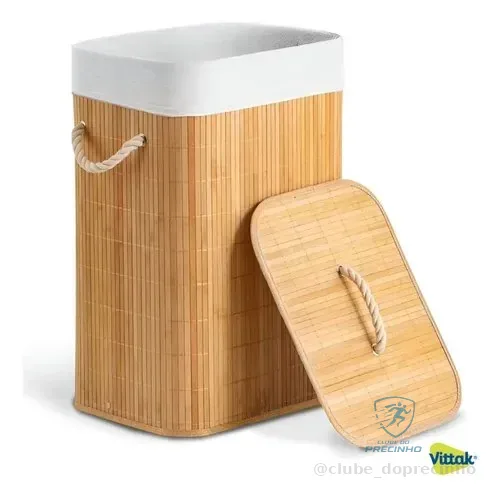 🚀 Vittak Cesto De Roupa Bambu 72 Litros Dobrável Retangular Com Tampa E Forro Bege Liso
