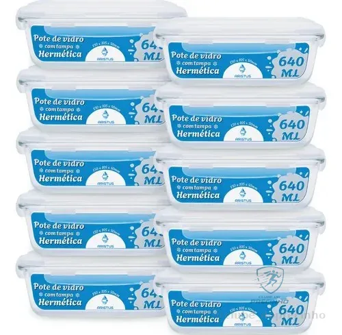 🚀 Kit 10 Potes Vidro Hermético Aristus 640ml Marmita Anti Vazamento Forno Micro-ondas Freezer Tampa 4 Travas - Branco