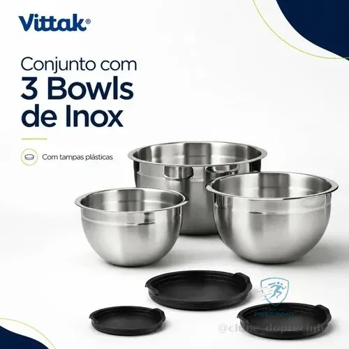 🚀 Vittak Conjunto 3 Bowls De Inox Com Tampas Plásticas Utensílios De Cozinha Tamanhos Variados