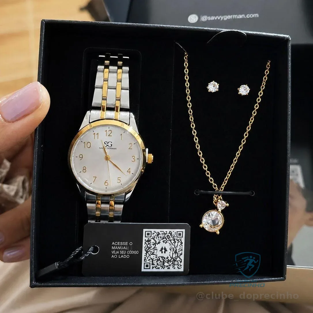 Kit Relógio Colar e Brincos Dourado e Prateado Saint Germain 28mm Mercado Livre