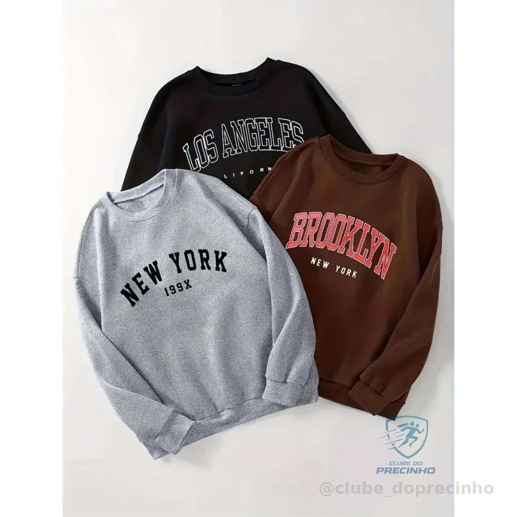 Kit 3 Blusas Moletom Careca New York, Los Angeles & Brooklyn Frio Unissex Masculino e Feminino Gola Redonda Shopee