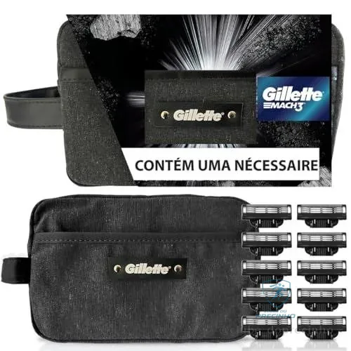 🚀 Kit Gillette Mach3 10 cargas + Necessaire, Higiene Pessoal, Cuidado com a barba, Lâminas e Aparelhos de Barbear