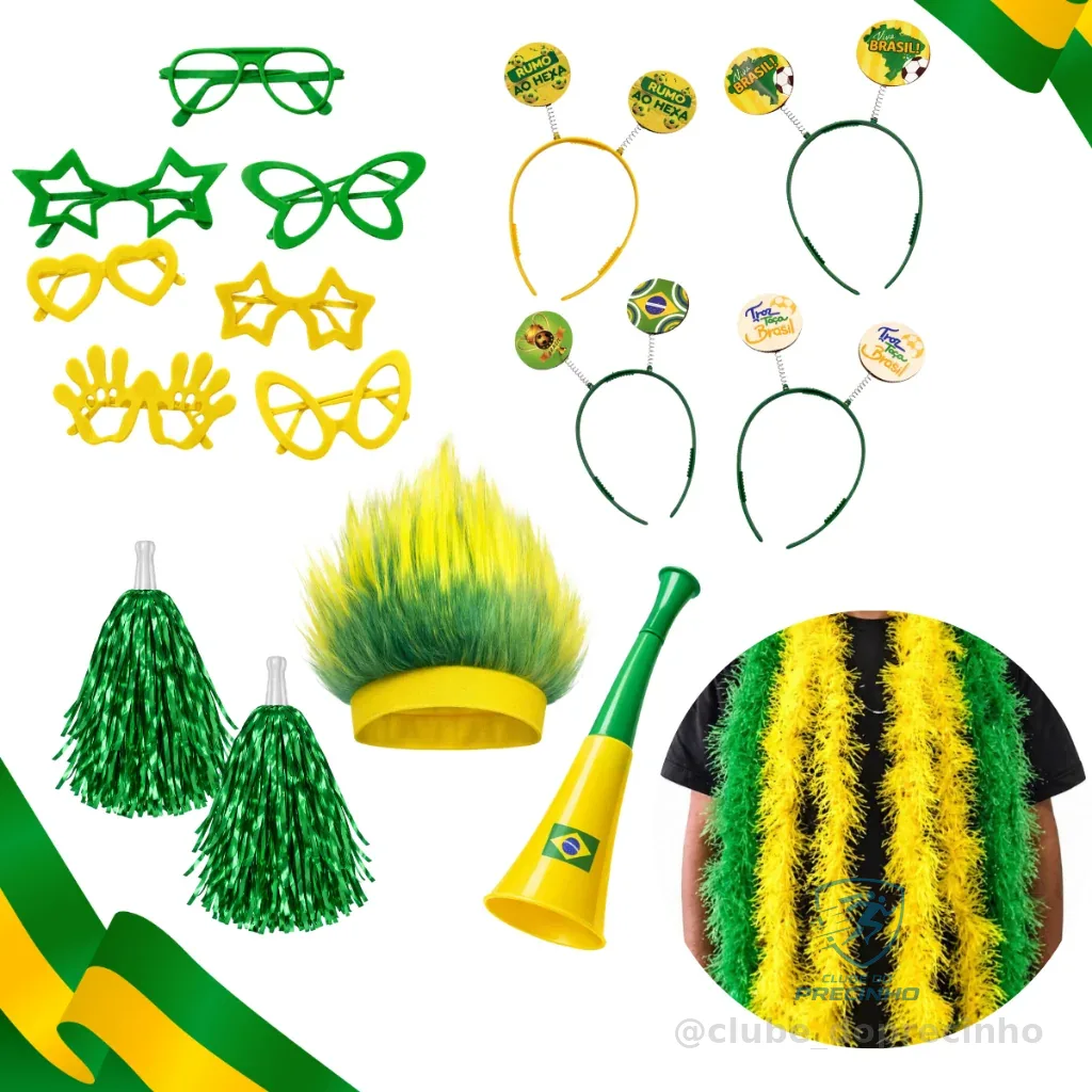 Kit Torcida Brasil Copa do Mundo 30 Itens BR Óculos, Tiara, Peruca, Corneta e Pom Pom Hexa Shopee
