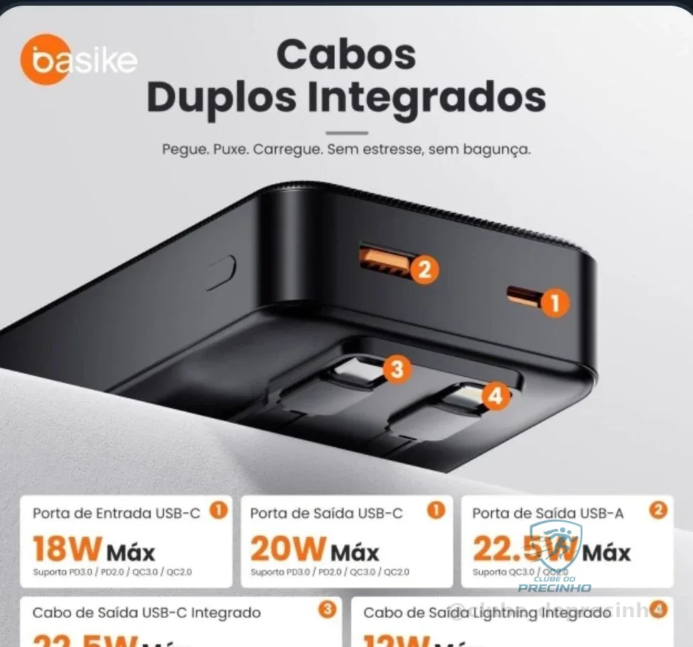 🚀 Basike Power Bank, Carregador Portátil Universal 20000mAh, USB-A(até 22.5W)+USB-C(até PD20W), com 2 Cabos Integrados (USB-C, Lightning) Carregamento Rápido (Preto)