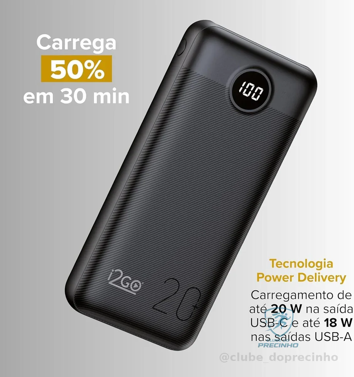 🚀 I2GO, Carregador Portátil (Power Bank) Ultra Rápido 20000mAh, Power Delivery 20W, 2 Saídas USB + 1 Saída/Entrada USB-C, Preto, i2GO PRO