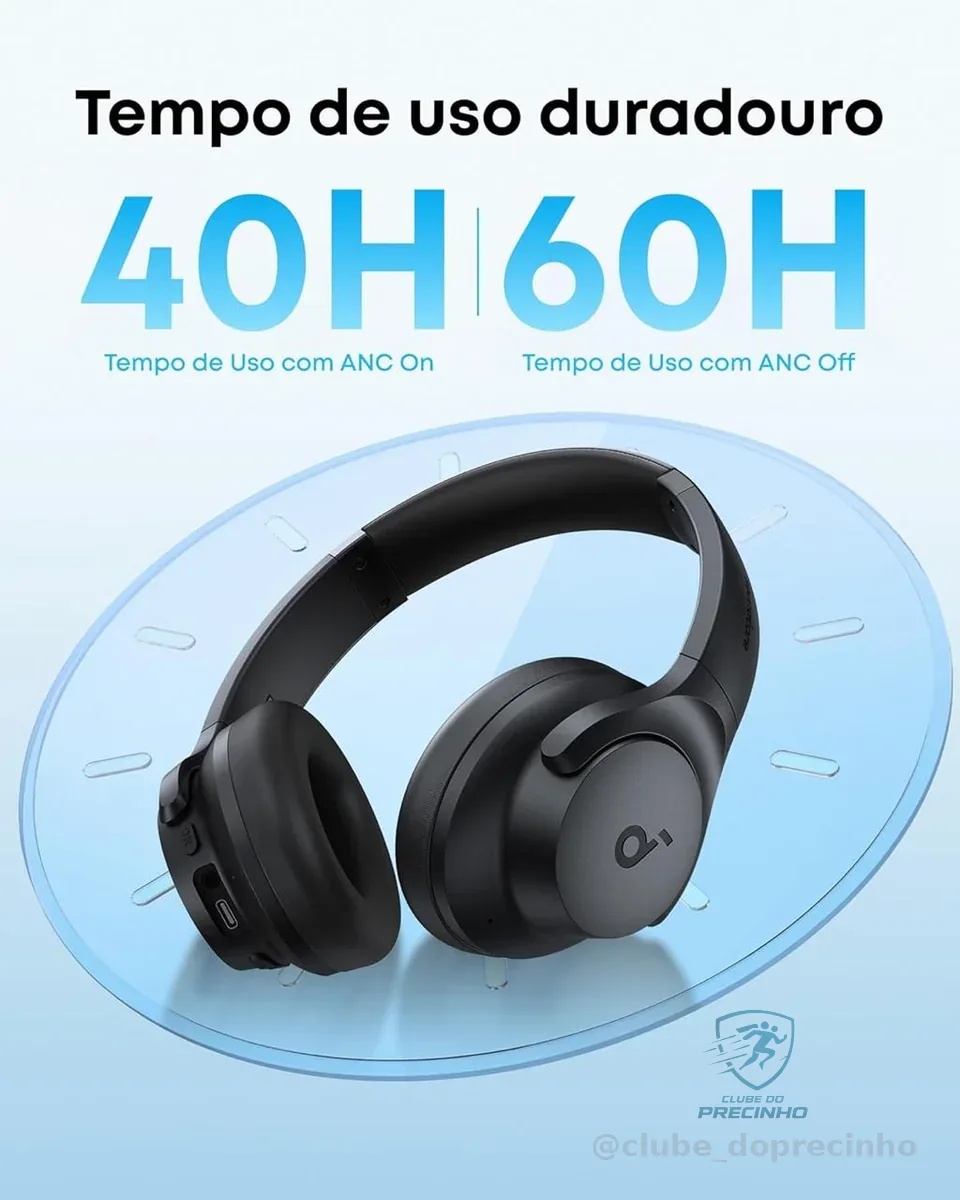 soundcore Q20i da Anker, Fone de Ouvido Bluetooth com Cancelamento de Ruído Híbrido Ativo, Headphone Sem Fio, 60h Bateria, Áudio Hi-Res, Graves Potentes, App Personalização, Modo Transparência, Preto