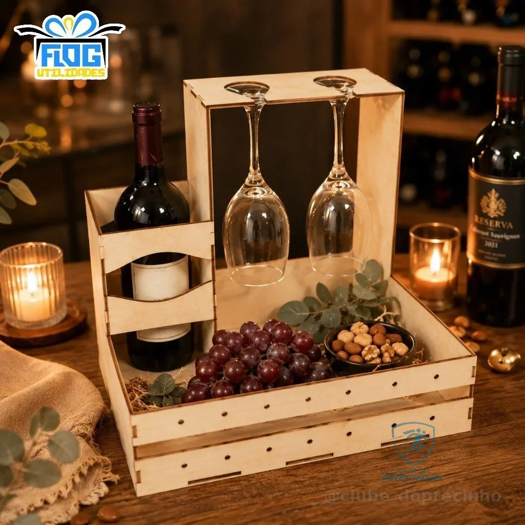 Bandeja para VINHO e TAÇA suporte - Caixa Cesta de Presente Lembrança Ocasiões Especiais - MDF Multiuso Namorados