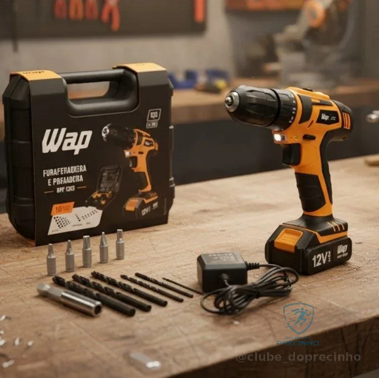 WAP Parafusadeira e Furadeira à Bateria 12V BPF-12K3, Kit de 13 Acessórios e Maleta, Empunhadura Emborrachada, Bivolt