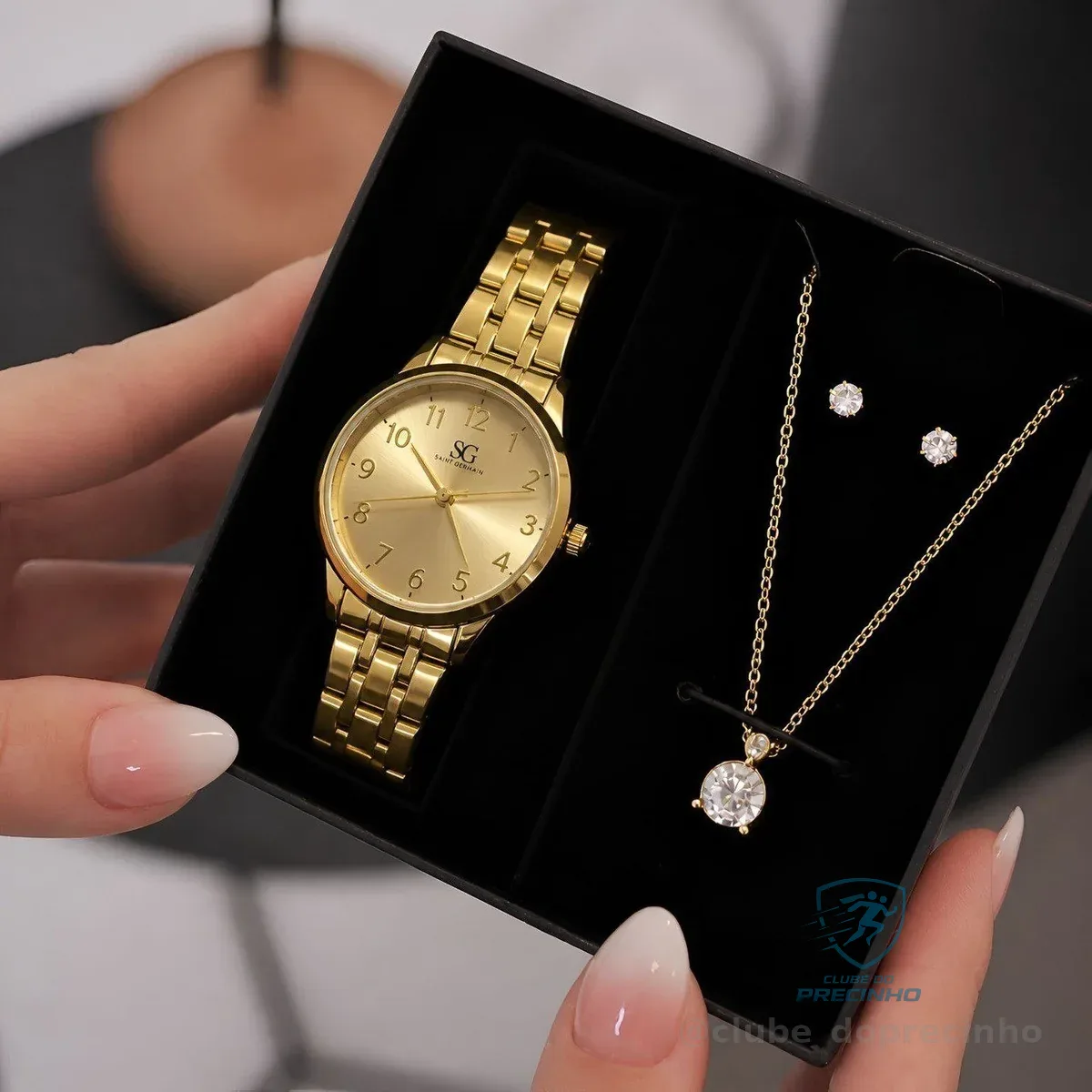 Kit Relógio Colar e Brincos Dourado Saint Germain 28mm Mercado Livre