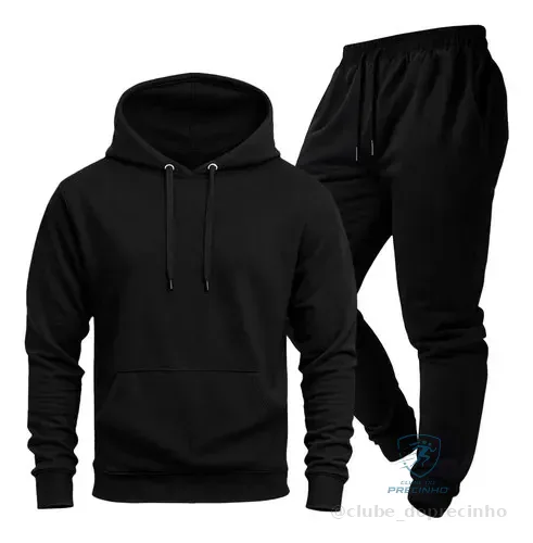 Conjunto Moletom Liso Unissex Inverno Esportivo Canguru Gg Preto