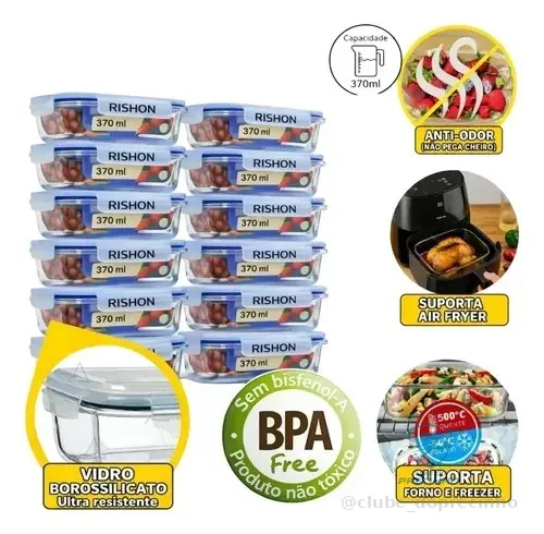 Kit 10 Pote De Vidro Marmita Hermético 370ml Freezer Fitness Rishon Transparente