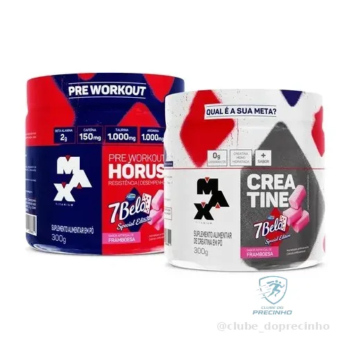 Kit Pré Treino Hórus 7 Belo + Creatina 7 Belo Max Titanium 300g Framboesa 150mg Cafeína Energia Força Performance 7 Belo - Artificial Framboesa.