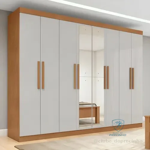Guarda-roupa Casal Easy Slim 8 Portas C/ Espelho Amendoa/off Amêndoa Clean/off White