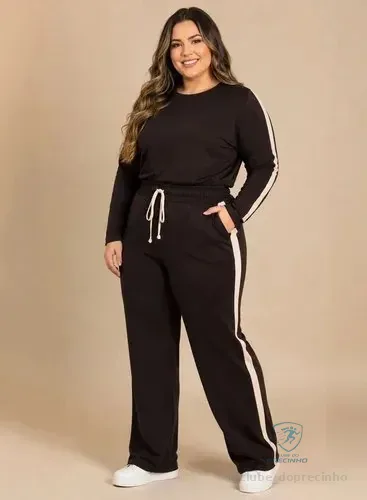 Conjunto Plus Size Moletinho Frio Blusa Manga Longa Inverno 46 A  50 Marrom Liso