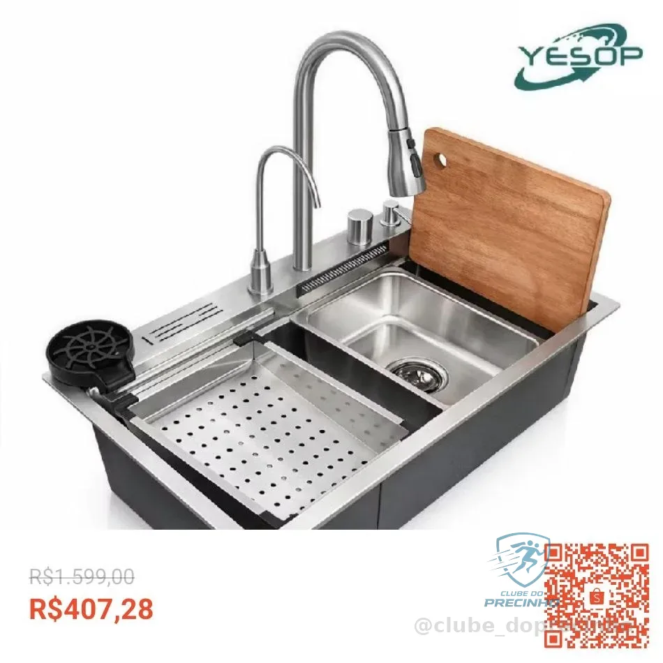 YESOP Cuba Pia Quadrada Cozinha Gourmet 75x45cm Escovado Inox 304 Com Torneira E Acessórios