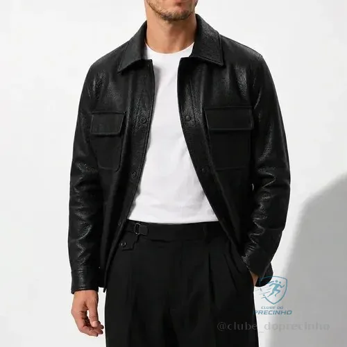Jaqueta De Couro Masculina Pu Com Bolsos Casual Elegante Old Preto G