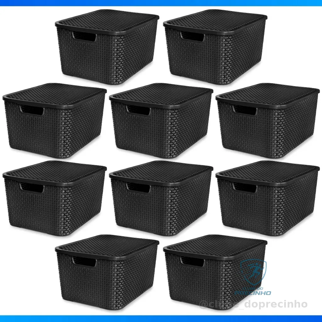 Kit 10 Caixas Organizadora Rattan 7 Litros C/ Tampa Preta - OFERTA - ENVIO IMEDIATO