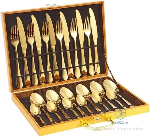 Kit 24 Faqueiro Dourado Talheres Luxo Premium  Com Maleta Dourado